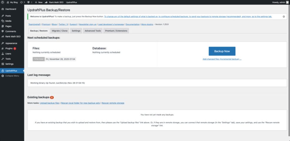 WordPress UpdraftPlus plugin dashboard showing no scheduled or existing backups, with the 'Backup Now' button prominent.