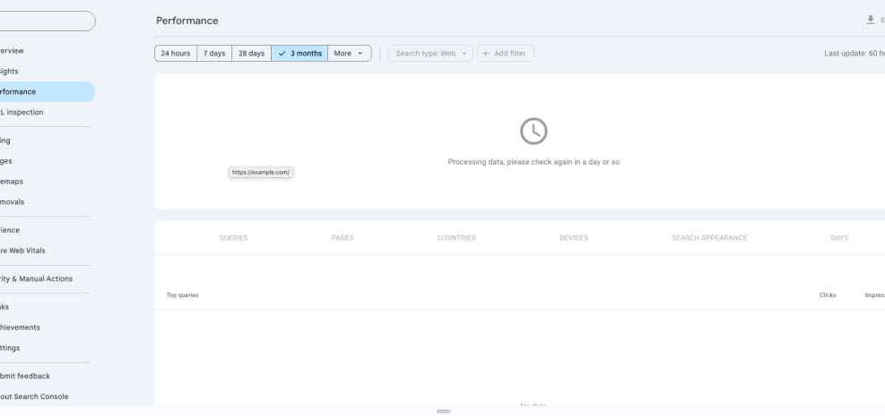 Google Search Console Performance report screen displaying 'Processing data' for a WordPress site, indicating initial data collection for SEO.