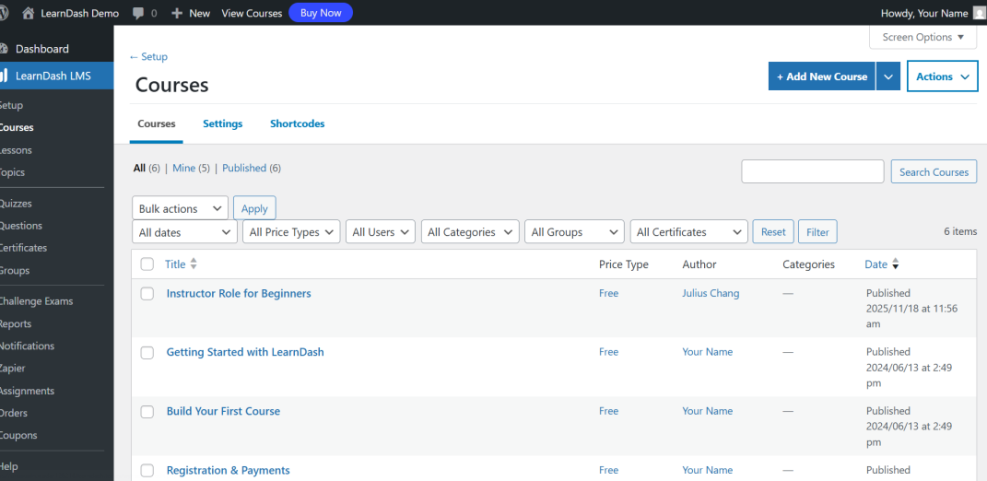 LearnDash LMS courses administration screen in WordPress, showing a list of online courses, filters, and management options.