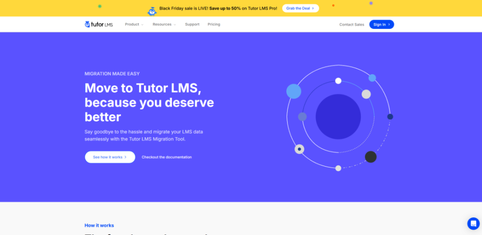 Tutor LMS website promoting its migration tool, making it easy to transfer existing learning management system data to the WordPress LMS plugin.