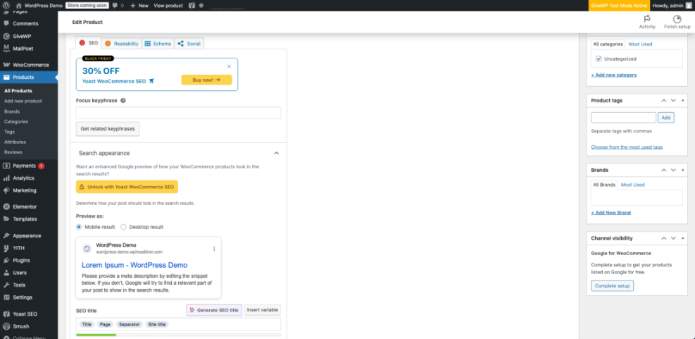 WooCommerce product SEO optimization in WordPress admin using Yoast, demonstrating search appearance preview and settings for improved visibility.