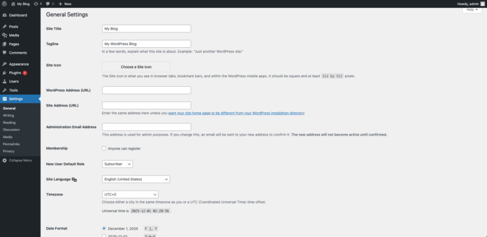 WordPress General Settings page showing fields for Site Title, Tagline, WordPress Address (URL), and Site Address (URL) crucial for blog migration.