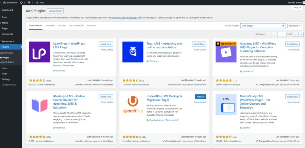WordPress 'Add Plugins' screen with LMS plugin search results, showing LearnPress, Tutor LMS, and Academy LMS available for installation.