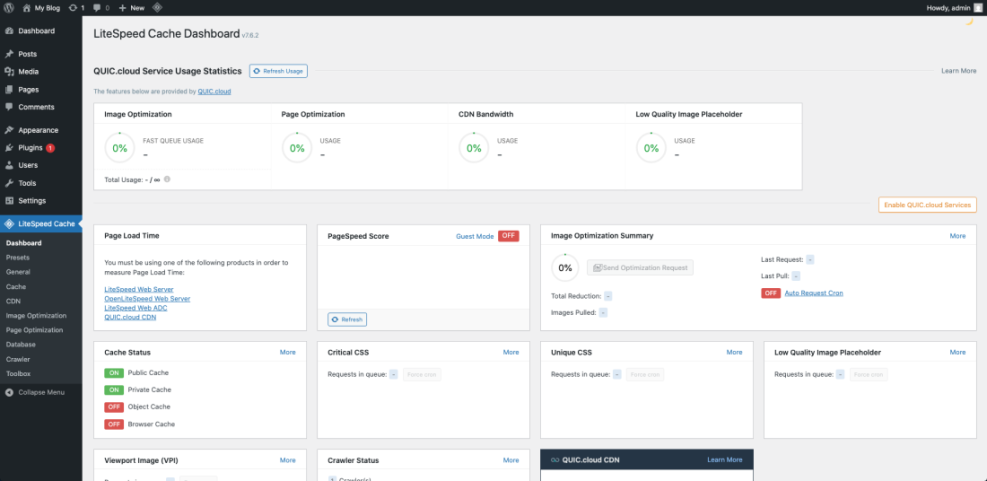 WordPress LiteSpeed Cache dashboard v7.6.2, displaying performance settings, QUIC.cloud service usage, and cache status for troubleshooting broken layouts.