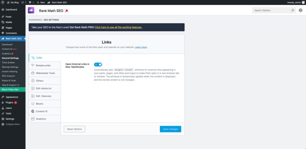 Rank Math SEO plugin's General Settings in WordPress, showing the 'Open External Links in New Tab/Window' option enabled for improved user experience.