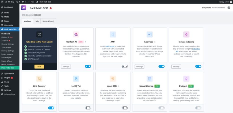 Rank Math SEO WordPress plugin dashboard displaying modules, including the rank tracker, content AI, analytics, and instant indexing for SERP tracking.