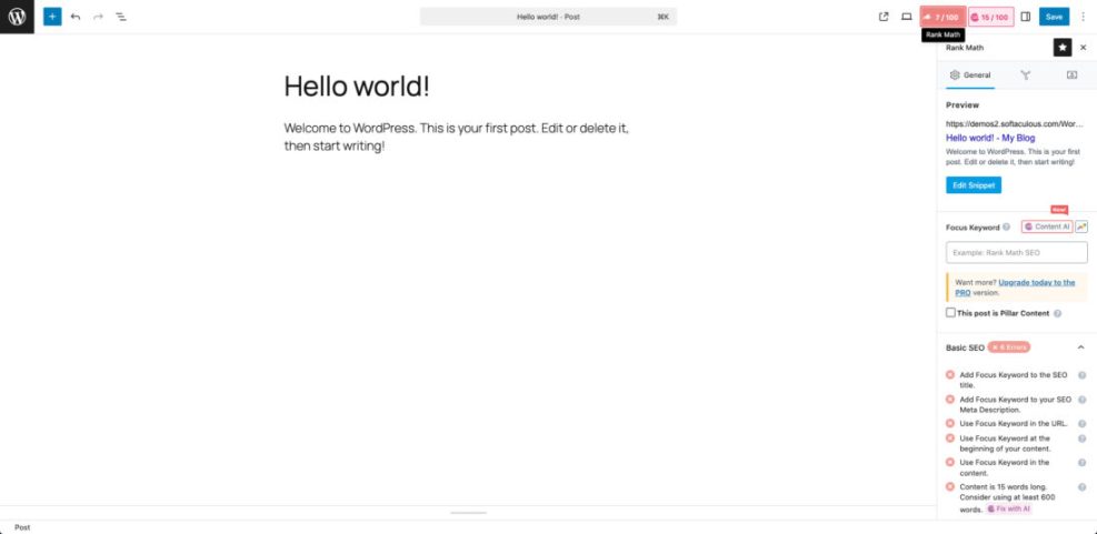 Rank Math SEO errors on a WordPress post, showing 6 basic SEO issues due to missing focus keyword and short content.