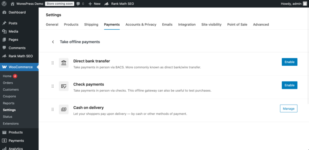 WooCommerce settings for managing offline payment methods including direct bank transfer, check payments, and cash on delivery.