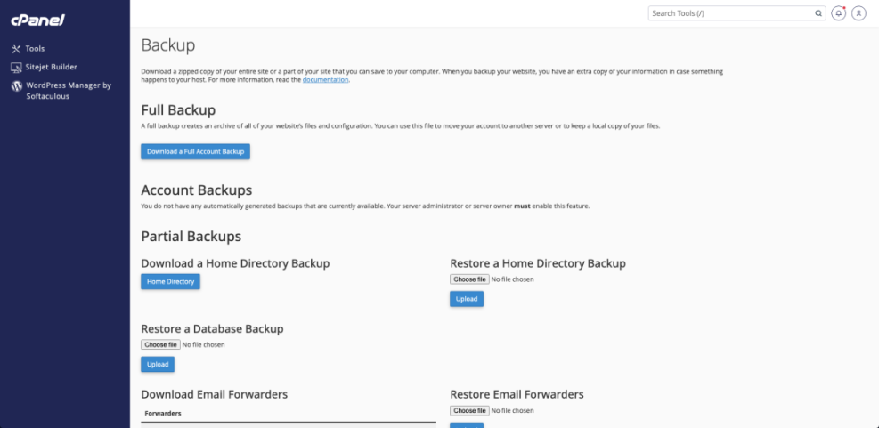 cPanel backup and restore page displaying options for Full Backup, Home Directory, Database, and Email Forwarders for WordPress sites.