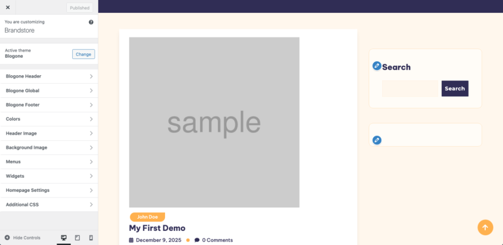 WordPress Customizer interface with Blogone theme settings on the left and a live preview of a blog post layout and search widget on the right.
