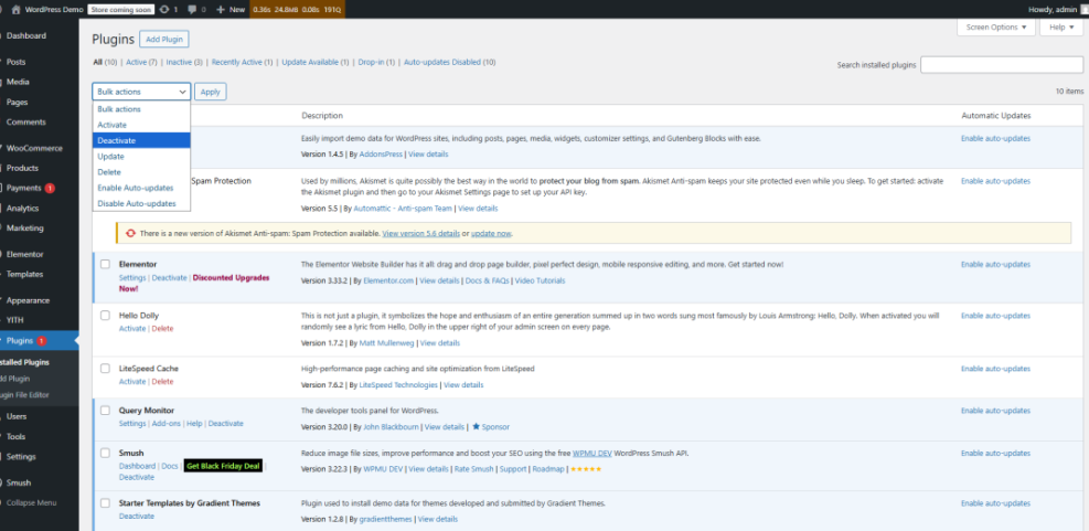 WordPress plugins page with 'Deactivate' selected in bulk actions dropdown, a step to fix memory exhausted errors.