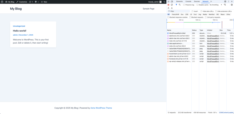 WordPress site with browser dev tools Network tab open, showing loaded CSS, JS, and other resources. Essential for debugging broken layouts after performance optimization.