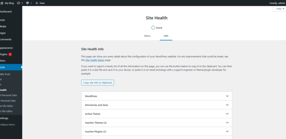 WordPress Site Health Info page detailing system configuration, themes, and plugins, vital for diagnosing memory exhausted errors.