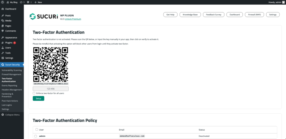 WordPress dashboard showing Sucuri Security plugin's Two-Factor Authentication (2FA) setup with QR code for enhanced site security.