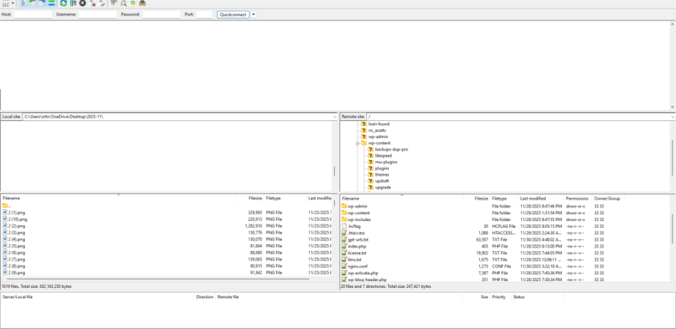 FileZilla FTP client interface showing local files on a desktop and a remote WordPress site's directory structure for file management.