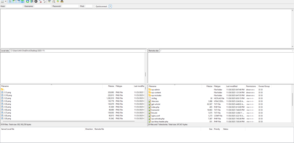 FileZilla SFTP client interface displaying local files alongside remote WordPress website directories like wp-admin and wp-content.