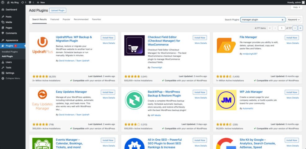 WordPress Add Plugins screen displaying the File Manager plugin search result, allowing users to manage website files directly from the dashboard.