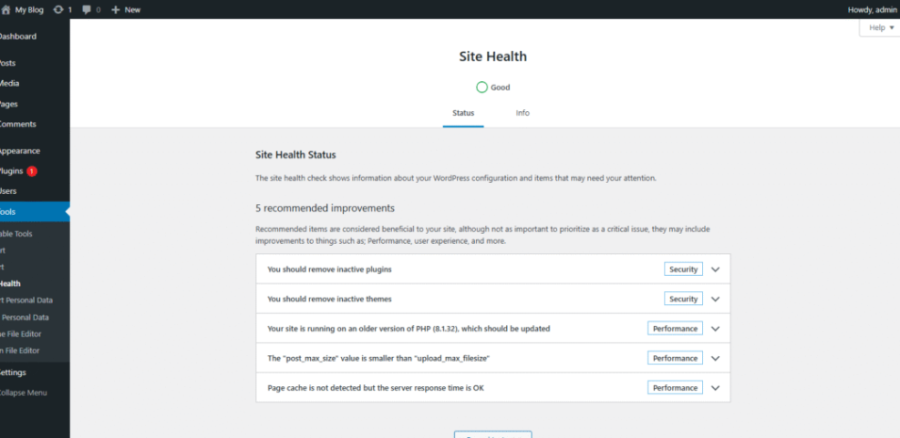 WordPress Site Health dashboard showing 5 recommended improvements for security and performance, including PHP updates, vital for optimal WordPress hosting.