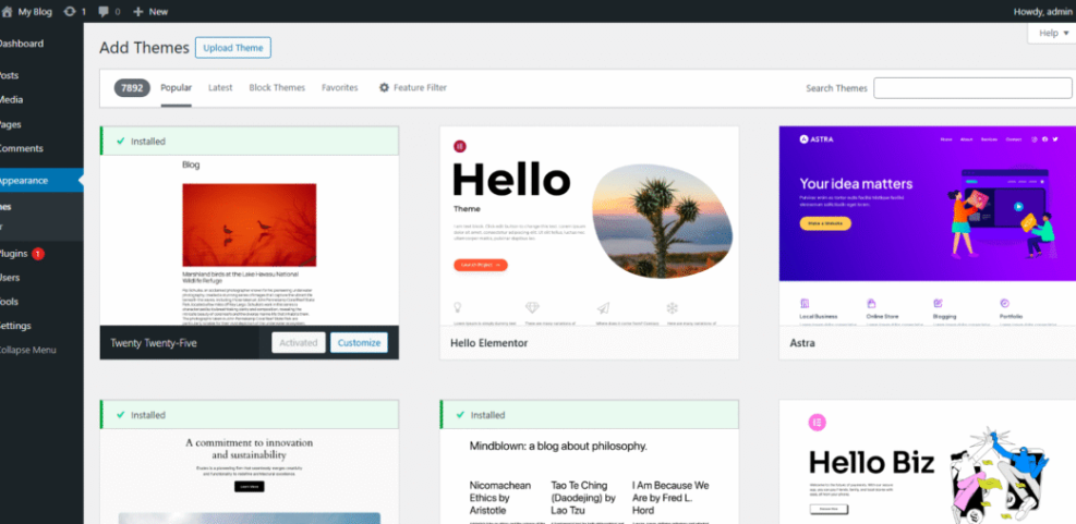 WordPress themes dashboard showing Twenty Twenty-Five activated and popular options like Hello Elementor and Astra for website design.