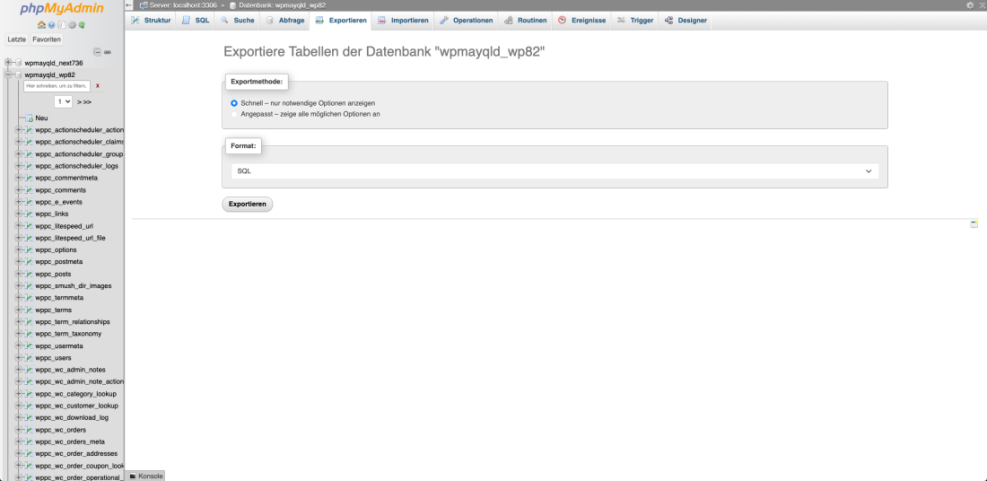 phpMyAdmin interface showing a quick export of a WordPress database (wpmayqld_wp82) in SQL format, a key step in a robust WordPress backup strategy.