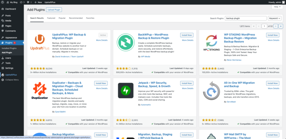 WordPress 'Add Plugins' screen displaying backup plugin search results, highlighting key tools for a WordPress backup strategy.