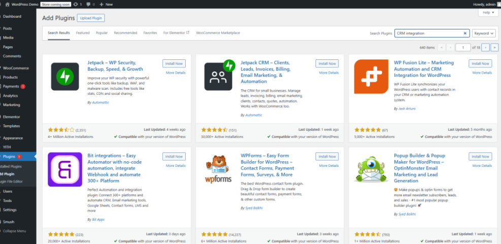 WordPress Add Plugins screen displaying search results for 'CRM integration', showing plugins like Jetpack CRM and WP Fusion Lite.