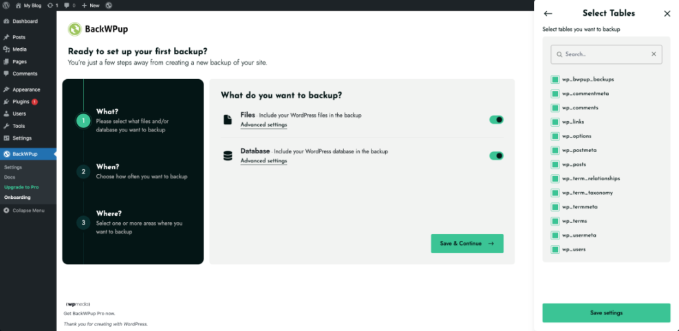 Screenshot of the BackWPup plugin showing WordPress backup setup. It illustrates selecting files and specific database tables for a comprehensive backup strategy.