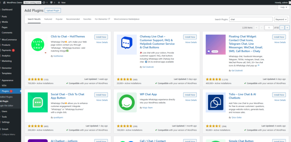 WordPress add plugins screen showing search results for popular chat plugins like Click to Chat and Chatway, aiding customer support.