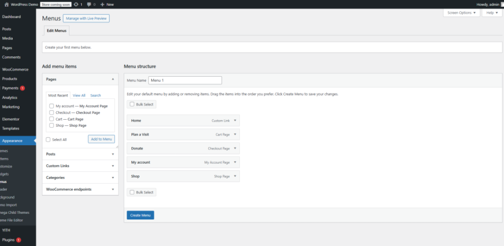 WordPress church theme admin showing the Appearance > Menus screen for managing website navigation, featuring menu items like Home, Plan a Visit, Donate, My account, and Shop.