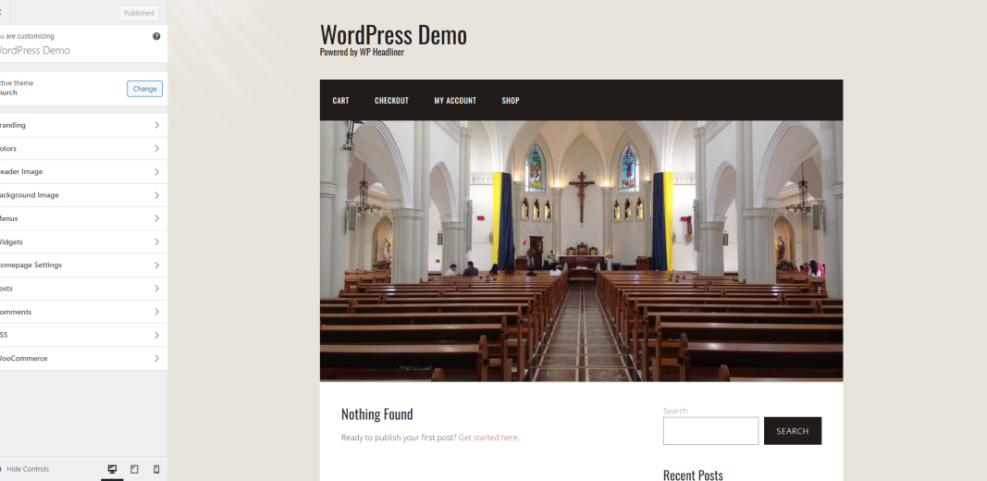 WordPress customizer showing the 'Church' theme active with a live preview of a church interior, demonstrating features for WordPress church themes.