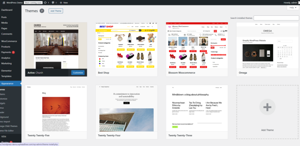 WordPress themes dashboard displaying various website designs, with a prominent active church theme, ideal for ministry websites.