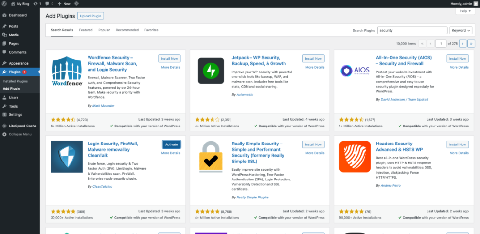 WordPress Add Plugins screen displaying various security plugins like Wordfence, Jetpack, and AIOS, essential for enhancing ecommerce site security.
