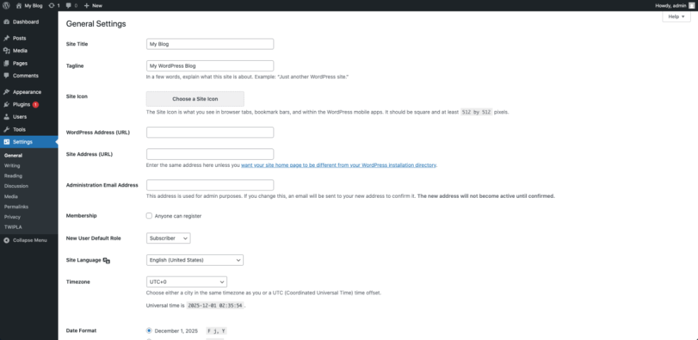 WordPress General Settings screen showing fields for Site Title, Tagline, WordPress and Site Address URLs, Administration Email, Membership, User Role, Site Language, and Timezone.
