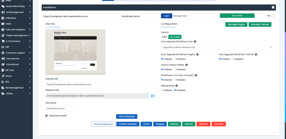 WordPress installation management panel showing backup, restore, staging, and auto-upgrade options critical for a robust backup strategy.