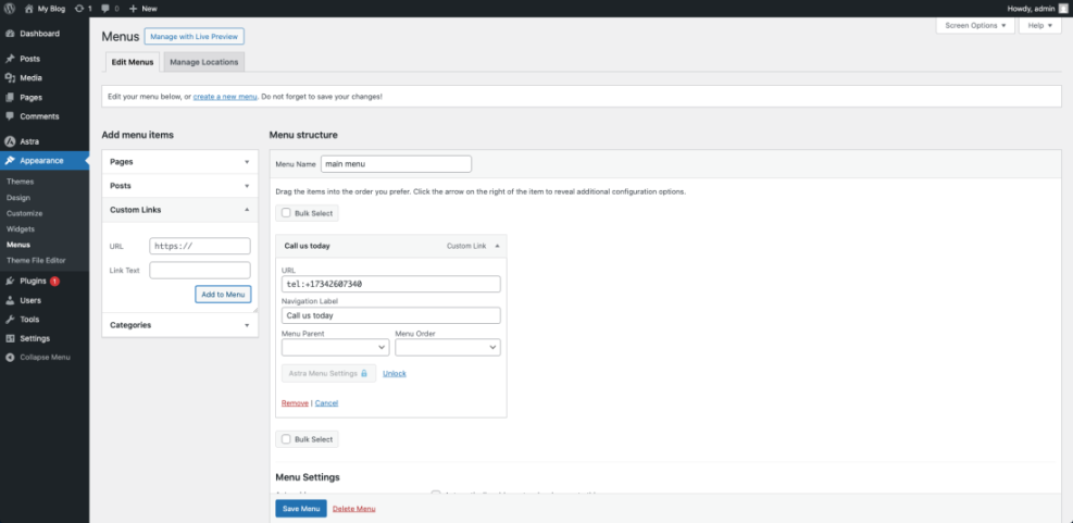 WordPress 'Menus' screen, showing the process of adding a custom 'Call us today' navigation link with a tel: URL.