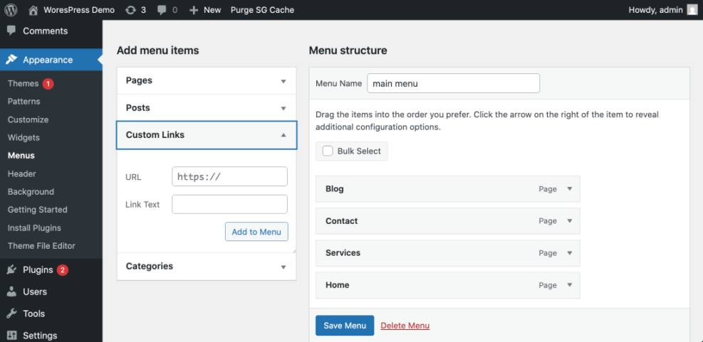 WordPress dashboard showing the Menus section under Appearance, with 'Custom Links' open for adding new menu items, and an existing 'main menu' structure on the right.