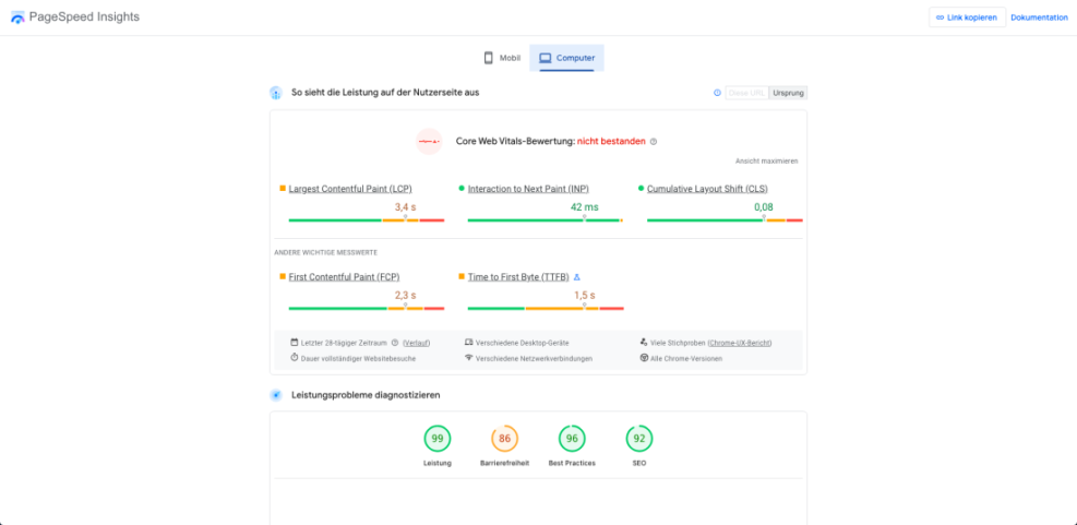 Google PageSpeed Insights report showing desktop Core Web Vitals for WordPress performance, with LCP 3.4s, CLS 0.08, INP 42ms, and overall performance score of 99.