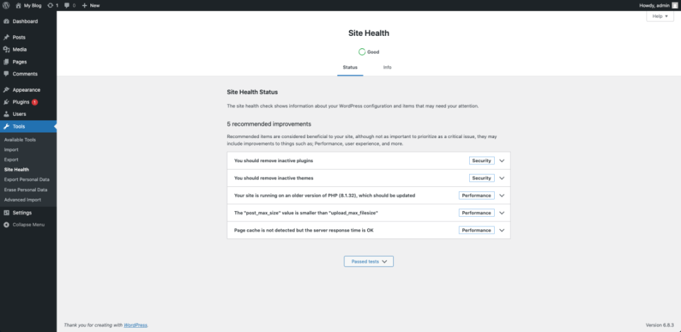 WordPress Site Health screen showing 5 recommended improvements for security and performance, including PHP updates and page cache.
