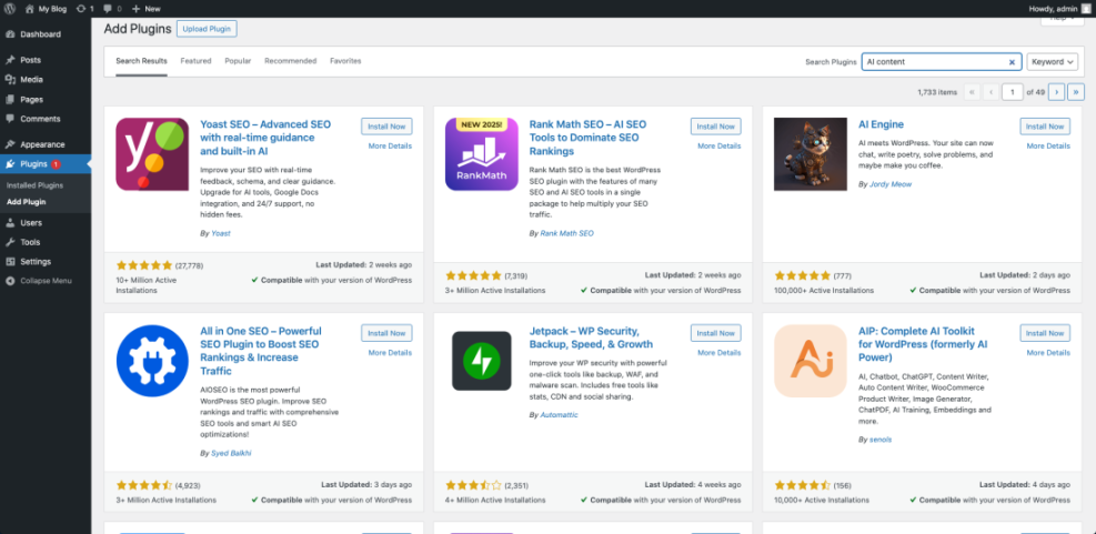 WordPress "Add Plugins" page displaying various AI content plugins, including Yoast SEO, Rank Math, and AI Engine, after searching for "AI content."