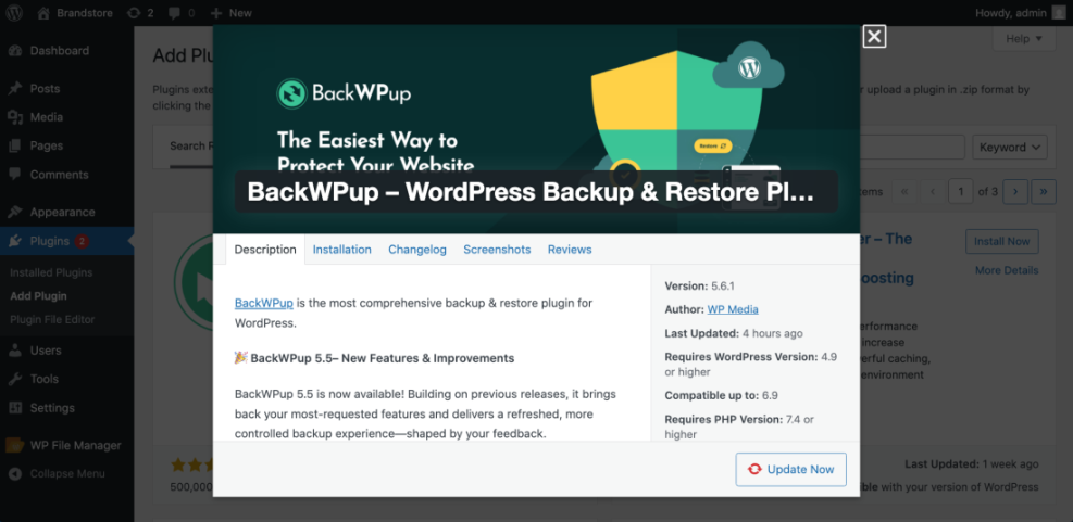 WordPress dashboard displaying the BackWPup backup and restore plugin update modal, showing version 5.6.1 and compatibility.