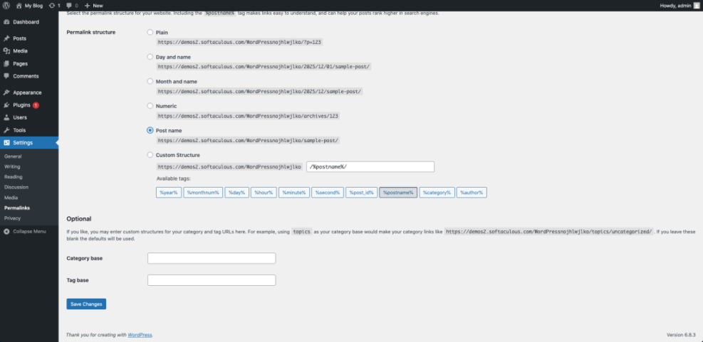 WordPress permalink settings page showing 'Post name' selected for SEO-friendly URLs. Configure your WordPress blog for optimal search engine performance.