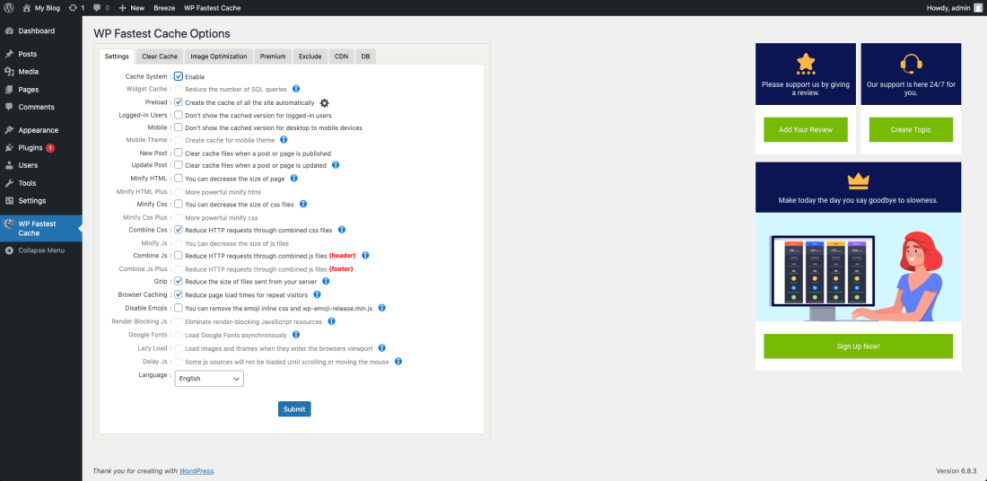 WP Fastest Cache plugin settings in a WordPress dashboard, showing options for caching, minification, and performance optimization, vital for a monthly speed audit.