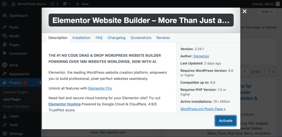 WordPress admin panel showing Elementor website builder plugin details, including version, author, and an 'Activate' button.