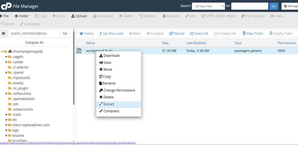 cPanel File Manager with wordpress-6.x.zip selected, showing the 'Extract' option highlighted to begin WordPress installation.