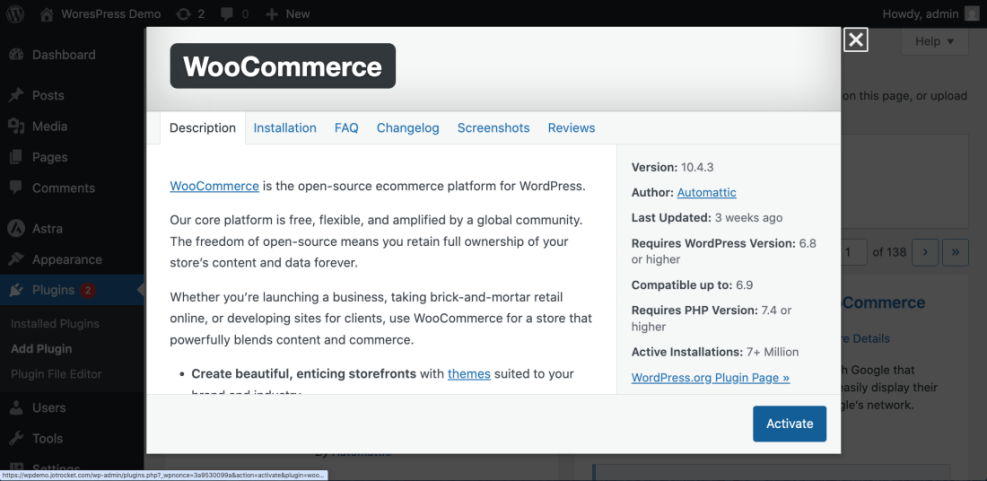 WordPress admin displaying WooCommerce plugin details, including version, author, requirements, and an activate button.