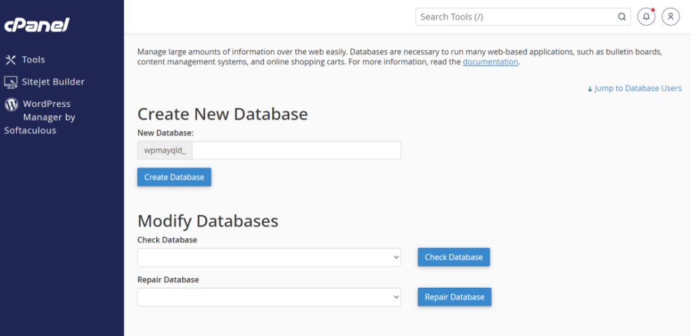 cPanel interface showing how to create a new database for WordPress installation, with the 'wpmayqld_' prefix displayed.