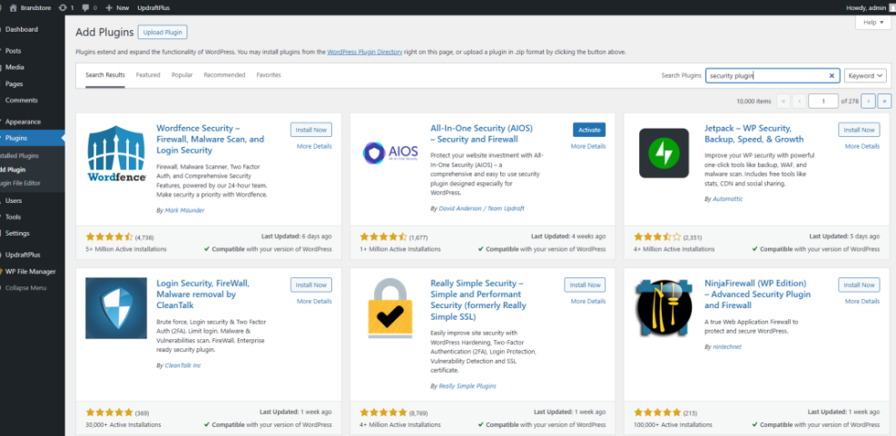 WordPress 'Add Plugins' screen showing security plugin search results, including Wordfence and All-In-One Security, crucial for a secure WordPress install.