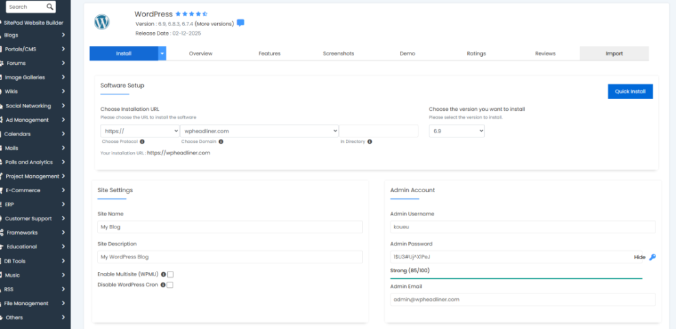 WordPress installation setup screen showing software setup details, site settings, and admin account configuration for wpheadliner.com.