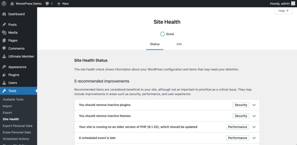 WordPress Site Health dashboard with 'Good' status, highlighting recommendations for PHP update, inactive plugin/theme removal, crucial for site performance and security.