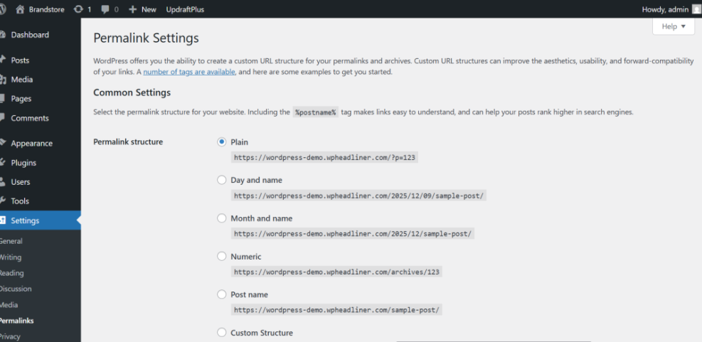 WordPress Permalink Settings with options for Plain, Day, Month, Numeric, and Post name URL structures. Crucial for SEO post-WordPress install.
